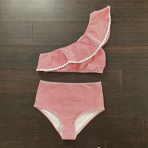 J Crew one-shoulder seersucker bikini.